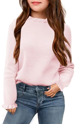Haloumoning Jersey de manga larga para niña, cuello redondo, manga con volantes, jersey de punto para niños