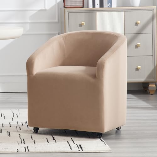 BESTANO Khaki Barrel Dining Room Chair with Swivel Casters Velvet Upholstered Modern Dining Chair with Arms Back Accent Side Chair for Living Reading Room Kitchen Bedroom