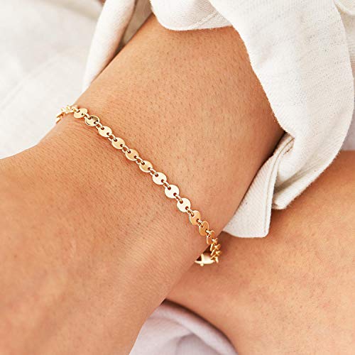Image of Womens Dainty Gold Chain Bracelet,Simple Layered Chain Bracelets,Beaded Turquoise Bracelet,Charm Crystal Bar,Heart,Karma,Triangle,Pearl Bracelets for Women