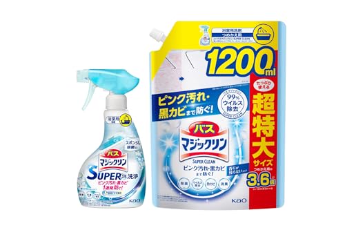 バスマジックリン SUPER泡洗浄 洗浄はもちろん、菌由来の汚れも防ぐ! 香りが残らないタイプ 本体 350ml 大容量詰め替え1200ml セット 浴室 浴槽 掃除 超特大