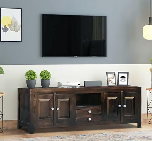 Image of Sheesham Wood TV Stand and Shelf Storage Entertainment Unit Center Console TV Table Wooden Tv Cabinet for Living Room Home (Dark Walnut)