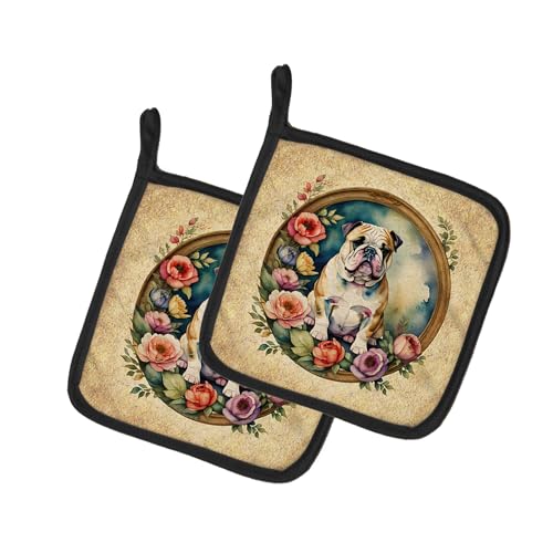 Caroline's Treasures English Bulldog and Flowers Pair of Pot Holders Kitchen Heat Resistant Pot Holders Sets Oven Hot Pads for Cooking Baking BBQ, 7 1/2 x 7 1/2
