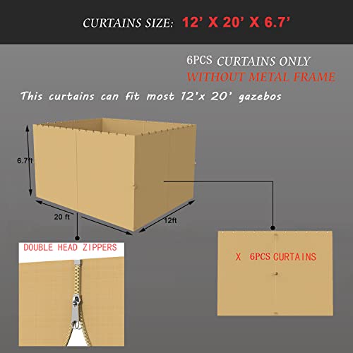 Suncula Replacement Gazebo Curtains Universal Privacy Shade Curtains 6-Panels Sidewall With Zipper Outdoor Curtains (12'X20', Khaki, Only Curtains) #TOP1