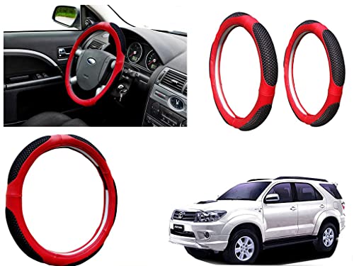 Image of Microfiber Car Steering Wheel Cover, Soft Padding Great Hand Feel, Anti-Slip, Faux Leather Steering Cover for Toyota Fortuner Old | Black Red Jali - Pack of 1