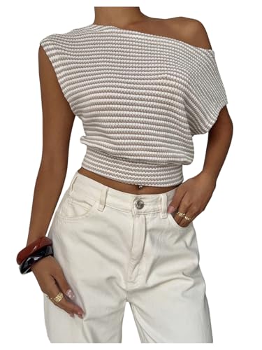 GORGLITTER Women's Off The Shoulder Striped Crochet Sweater Cap Sleeve Asymmetrical Knit Business Casual Pullover Top