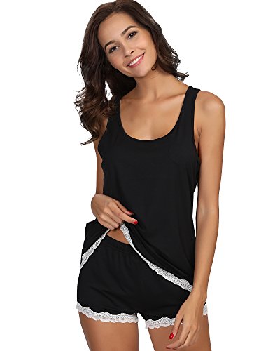 GYS Bamboo Viscose Pajamas for Women, Ultra Soft Summer Tank Top and Shorts Sleepwear Set with Lace Trim2