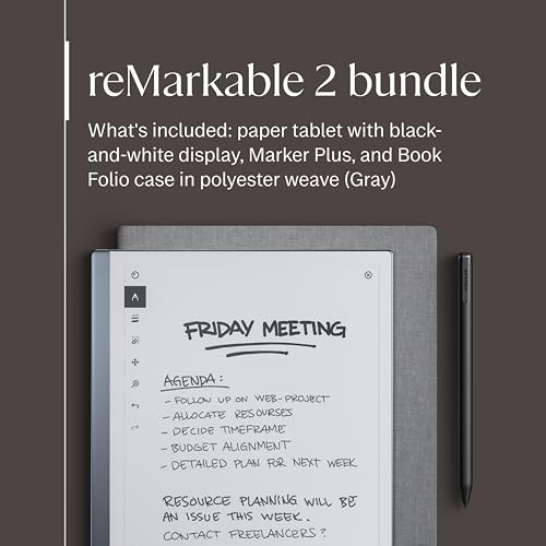Image of reMarkable Essentials Bundle - Gray | reMarkable 2 Paper Tablet | Includes Black and White 10.3 inchWriting Tablet, Marker Plus Pen with Eraser, Book Folio Cover in Gray Weave