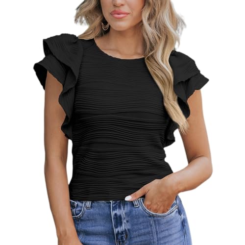 bephible Camiseta de manga corta con volantes y cuello redondo, plisada, para mujer, casual, color liso, blusa ajustada, Negro, 42