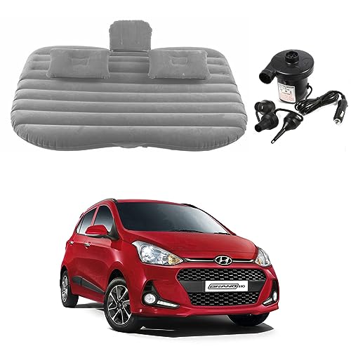 Image of Oshotto Multifunctional Car Travel Bed Mattress with Two Air Pillows, Car Air Pump Compatible with Hyundai Grand i10 (Grey)
