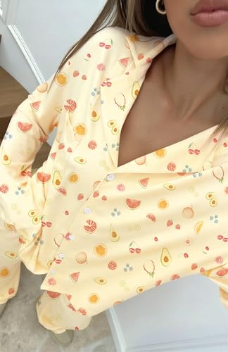 Image of Dressmine Ladies Long Sleeve Cute Pajama Sets 2 Piece Fall Outfits Button Up Pjs Set Loungewear