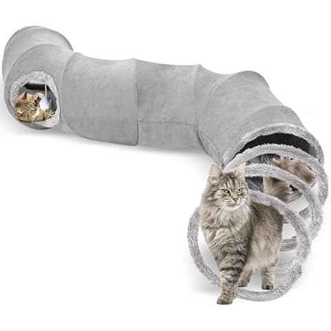 S-2-Way Cat Tunnel for Indoor Cats - 59x10Inches,Collapsible Cat Play Tunnel, Interactive Toy with 2 Hidden-Exits&Hanging Balls, Cat Spiral Tunnel for Cats, Puppy, Kitty, Kitten, Rabbit (Gray) Cover