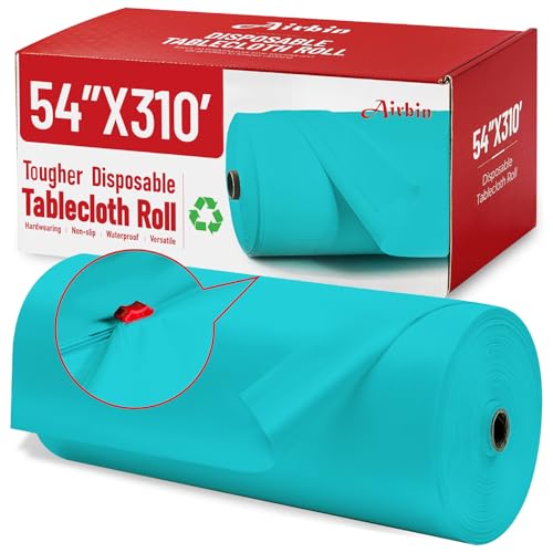 Image of Plastic Table Cloth, 310 Ft X 54 In Disposable Tablecloth Light Blue Tablecloth Premium PEVA Plastic Table Cloth Disposable with Any Cut Sliding Cutters for Picnics, Parties, Birthdays, Festivals