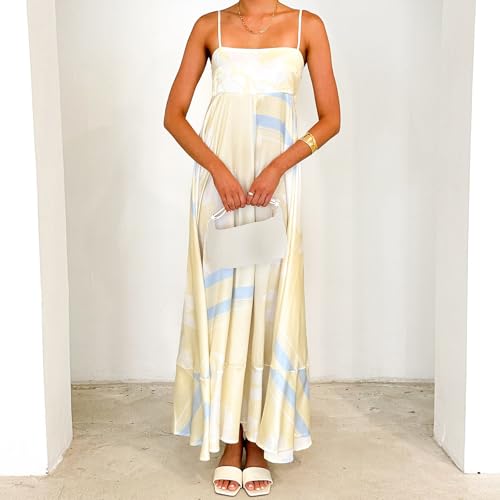 Image of NUFIWI Women Summer Striped Maxi Dress Spaghetti Strap Cutout Ruffle Long Dress Flowy Swing Beach Vocation Dress