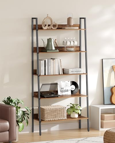 VASAGLE Bookshelf, 5-Tier Bookcase, Ladder Shelf for Home Office, Living Room, Bedroom, Kitchen, Rustic Brown and Ink Black ULLS129B01 - Image 5