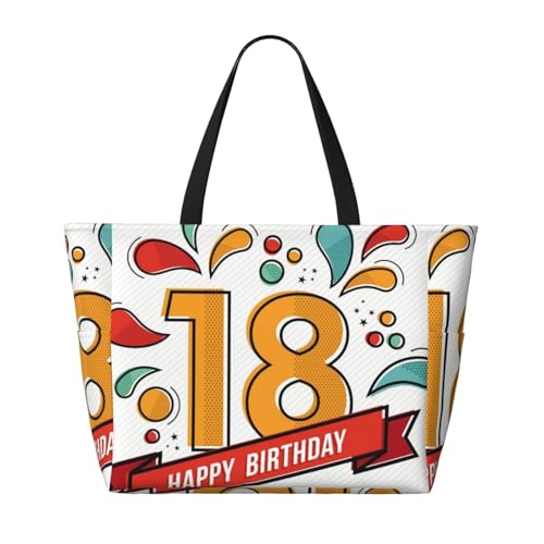 Happy Birthday Number 18 Greeting Card For Eighteen Year In Modern Flat Line Beach Bag Women Tote Bag Pool Bag With Zipper For Gym Grocery Travel With Wet Pocket2