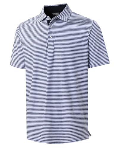 M MAELREG Golf Shirts for Men Dry Fit Performance Moisture Wicking Striped Casual Mens Polo Shirts Short Sleeve Dark Blue White