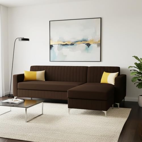 Image of SOCOZI Anton 5 Seater L Shape Sofa Set with Movable Ottoman | Flexible Layout | Soft Velvet Suede Fabric | Modern Design | Plush Comfort Cushions for Living Room (Dark Brown)