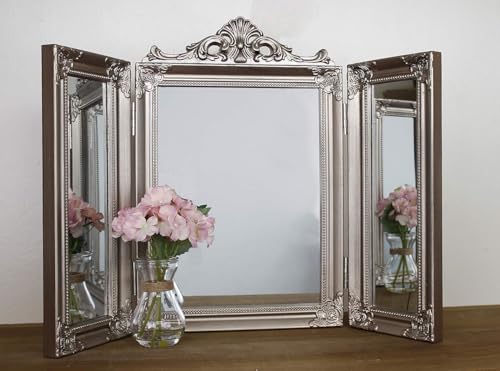 HomeZone Dressing Table Mirror - 3 Sided Folding Rectangular Free Standing Gold Art Ornate Glass Mirror - Decorative Home Accessories for Bedroom, Living Room