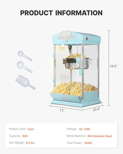 Image of 8 Oz Popcorn Machine, Movie Theater Style Pop Corn Machine Maker, 300 W, Table Top Popcorn Maker Machine Makes Up to 32 Cups, Popcorn Popper Machine with Stainless-Steel Kettle for Home Family, Cyan