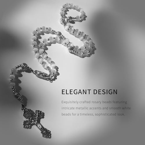 Catholic Rosary Necklace for Women & Men - White Stone & Stainless Steel Beads with St. Benedict Medal & Cross2