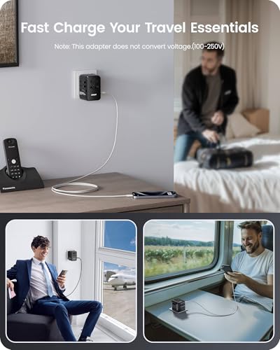 Image of LENCENT 65W GaN International Travel Adapter with 2 USB-A & 3 Type C Ports, Fast Charger for Phones & Laptops, Worldwide Plug Adapter for USA /UK /EU /AUS, Black