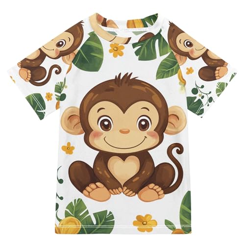 Cute Cartoon Monkey Kids Bathing Suit UV Protection Basketball Tshirt Swimwear Beach Tops 3T
