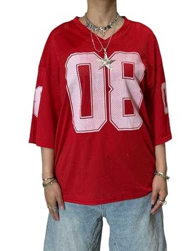 Anuedgis Damen Y2k Oversized Jersey Shirts Cute V Neck Number Graphic Basketball T-Shirt Sommer Ausgehen Varsity Top Ästhetische Kleidung, B-Rot, S