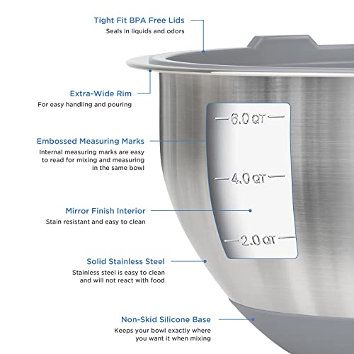 Viking Culinary Stainless Steel Mixing Bowl Set, 10 Piece, Non-Slip Silicone Base, Includes Airtight Lids, Dishwasher Safe, Grey #TOP2