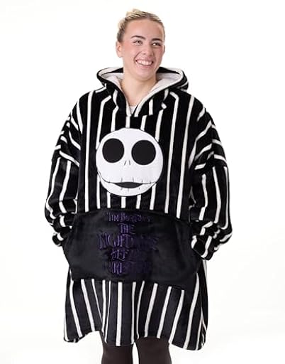 Disney The Nightmare Before Christmas Sudadera con Capucha de Manta Unisex | Jersey de Rayas para Adulto en Negro con el Personaje de Jack Skellington | Loungewear con Capucha y Forro de Sherpa | Ya disponible en tu tienda friki favorita! En mundofriki.es!