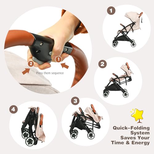 Image of HOMGX Lightweight Umbrella Stroller, Easy Fold Baby Stroller with 5-Point Safety Harness, Adjustable Backrest & Quick Lock System, Compact Travel Stroller for Airplane, Beige