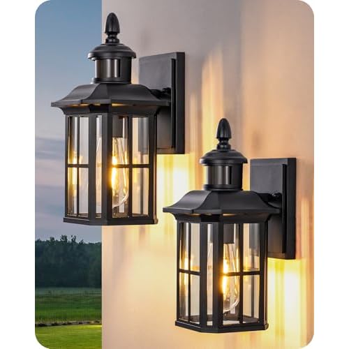 EDISHINE Motion Sensor Outdoor Wall Light, Dusk to Dawn Front Porch Light Fixture, Outdoor Wall Sconce with Clear Glass, Black Exterior Wall Lantern for Door, Garage, Patio, House 1