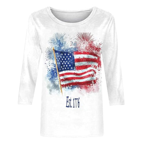 Image of Fourth of July Shirts for Women 3 /4 Sleeve Summer Tops American Flag Print T Shirt Patriotic 4th of July Shirts 2025