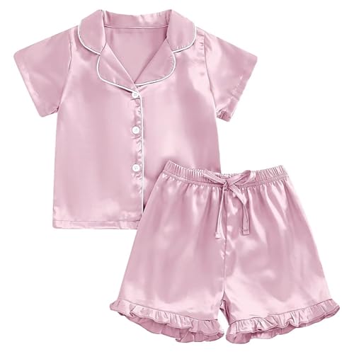 Girls Satin 𝐏ajamas 𝐒ilk 𝐏a𝐣ama Set Short Sleeve Button Down Shirts + Ruffle Hem Shorts Summer Outfits Loung𝐞wear