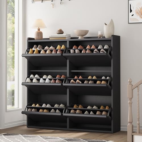 GarveeHome Shoe Cabinet with 6 Flip Drawers, Wooden Shoe Organizer Cabinet with Adjustable Shelf, Shoe Storage for Entryway, Hidden Shoe Cabinet for Hallway, Living Room, Black