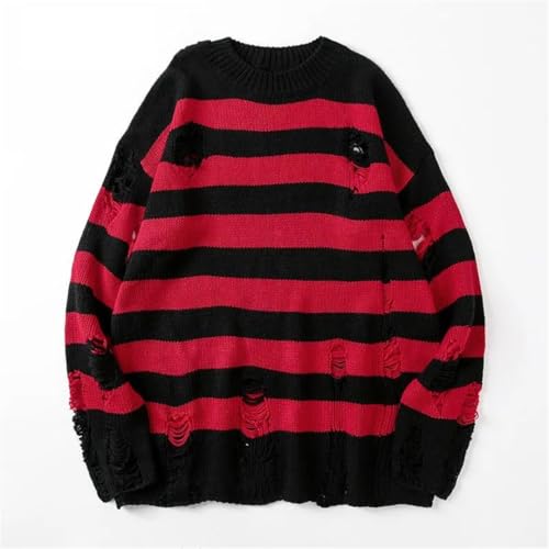 Men's O-Neck Striped Sweater Pullover Ripped Knitted Sweater Top2