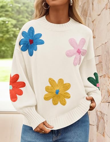 ZESICA Women's Long Puff Sleeve Sweaters Casual Crewneck Ribbed Knit Flower Color Block Loose Pullover Tops3