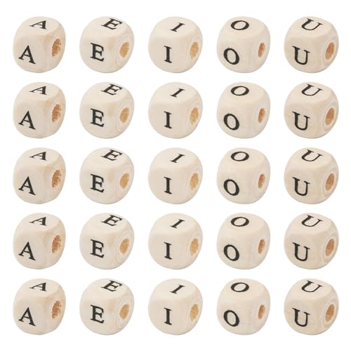 Spritewelry 250Pcs 8mm Wood Initial Letter Beads Cube Wooden Beads Natural Wooden Square Beads A E I O U Loose Beads Craft Letter Spacer Beads for Bracelet Necklace Earring Phone Decor Making