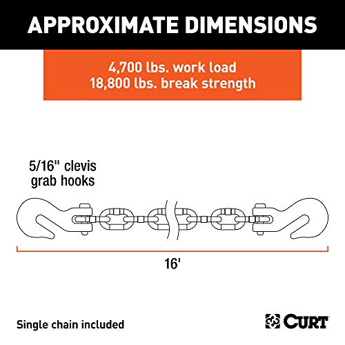 Curt 80306 16-Foot Transport Binder Chain, 5/16-Inch Clevis Hooks, 18,800 Lbs Break Strength, Load Tie-Down, Trailer, Flatbed #TOP1