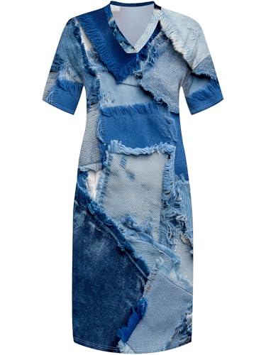 Image of SUZONANA Plus Size Denim Print Maxi Dresses for Women Casual V Neck Short Sleeve with Pockets Soft Jean Look Dress XL-6XL