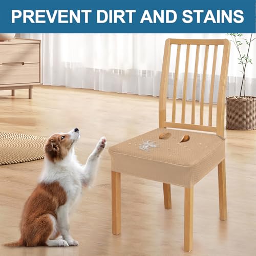 Image of Smiry Waterproof Seat Covers for Dining Room Chairs, No Rear Covers | Stretch Jacquard Removable Washable Chair Seat Slipcovers Protector, Set of 8, Camel