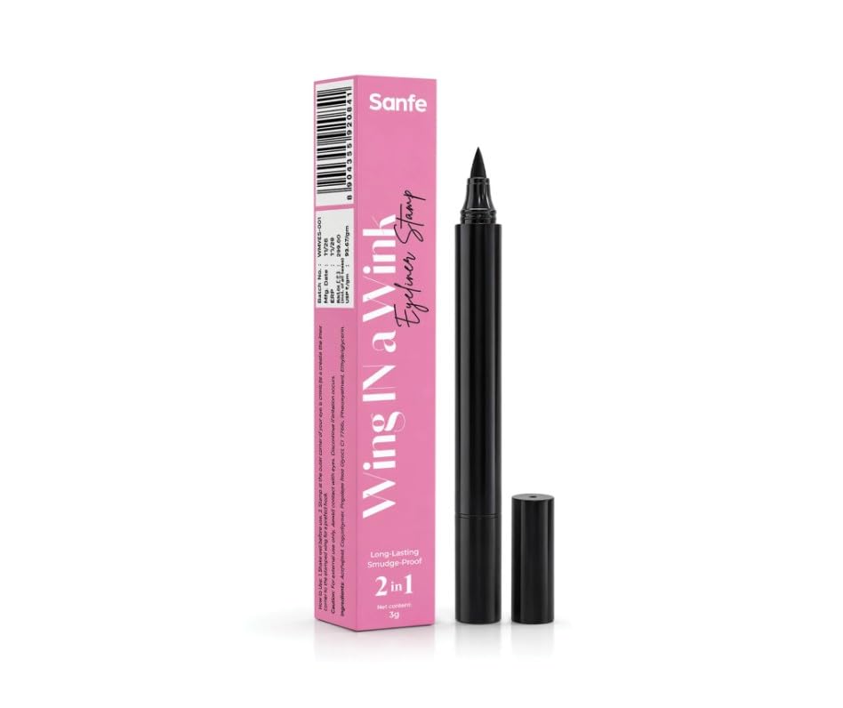 Sanfe Wink Eye Liner With Stamp | Waterproof & Smudge-Proof | Quick Dry Long-Lasting Black Liquid Eyeliner Pen | Dual-Ended Wing Stamp & Precision Tip | Perfect Winged Eyes & Bold Look in Seconds-image-23