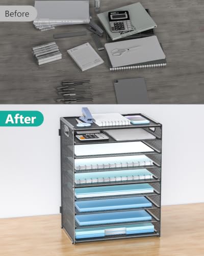Image of WALI Desk File Organizer, 9 Tier Desktop Paper Letter Tray Organizer with Handle, Office Desk Accessories & Workspace Organizers for Office, Home, School Supplies, 1 Pack, Black