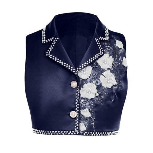 Kids Girls Embroidery Bolero Lapel Sleeveless 2-Button Waistcoat Vest Sparkly Short Jacket Coat