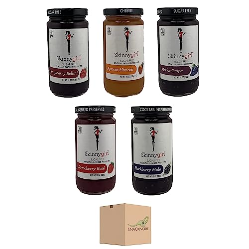 Skinny Girl Sugar Free Preserves And Jams Variety Pack Of 5 Flavors- Blackberry Mule, Strawberry Rose, Apricot Mimosa, Merlot Grape, Raspberry Bellini Sugar Free Jelly By Snackivore. #TOP28