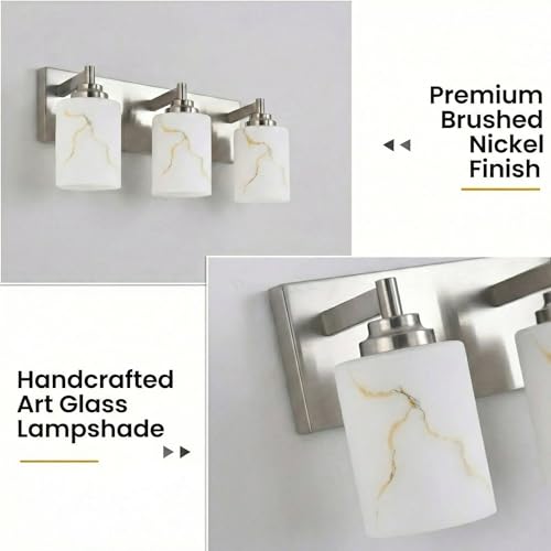 Image of 3-Light Bathroom Light Fixture, Brushed Nickel Modern Vanity Light with White Marble Glass Shade, for Bathroom Mirror, Living Room, Bedroom, Hallway, E26 Base, Extended Base