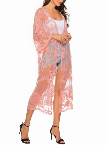 Cárdigan tipo kimono de encaje para mujer largo boho chaqueta playera ligera 5