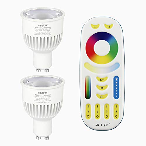 LIGHTEU®, 2 x WiFi LED Lamp RGB und Warm Weißoriginal Milight 230V 5 Watt GU10 Dimmabar mit 4 zonen Fernbedienung