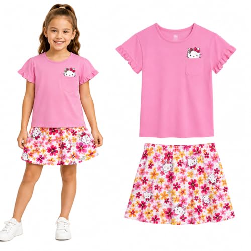 Image of Hello Kitty Girls Skort Set - 2 Piece Graphic Crewneck Top and Short Skort Cute Outfit Set (Sizes: 2T-12)