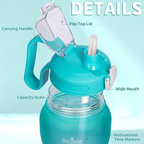 Justfwater 2L Sport Motivational Water Bottle with Straw BPA Free Drinking Bottle 2 Litre with Time Marker for Fitness Gym