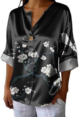 Womens Japanese Art Floral Shirts Vintage V Neck 3/4 Sleeve Casua...